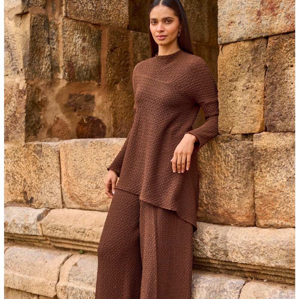 Brown Textured Women's Wide Leg Pants